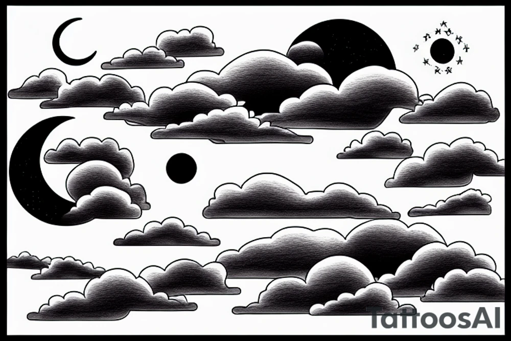 Large River flowing into clouds and a moon, small minimalist tattoo tattoo idea