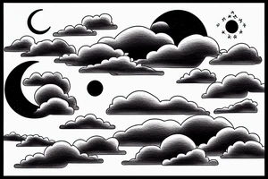 Large River flowing into clouds and a moon, small minimalist tattoo tattoo idea
