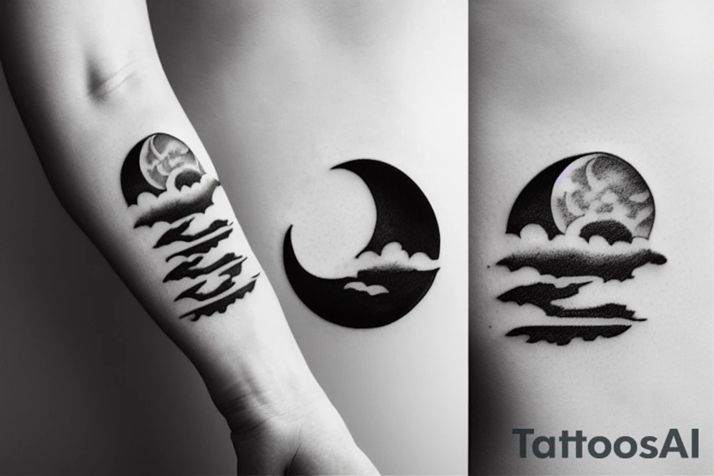 Large River flowing into clouds and a moon, small minimalist tattoo tattoo idea