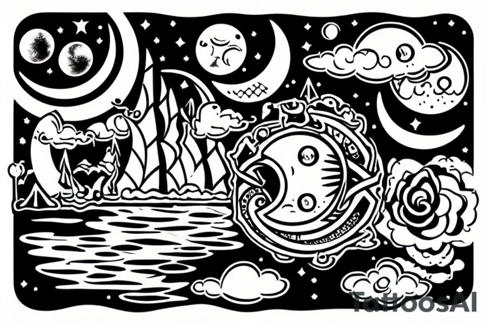 River with a small reflection of clouds and a moon tattoo idea