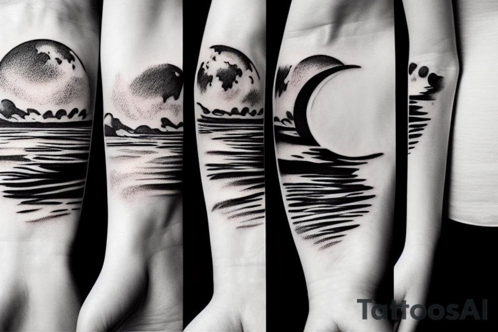 River flowing with a subtle reflection of the moon and clouds tattoo idea