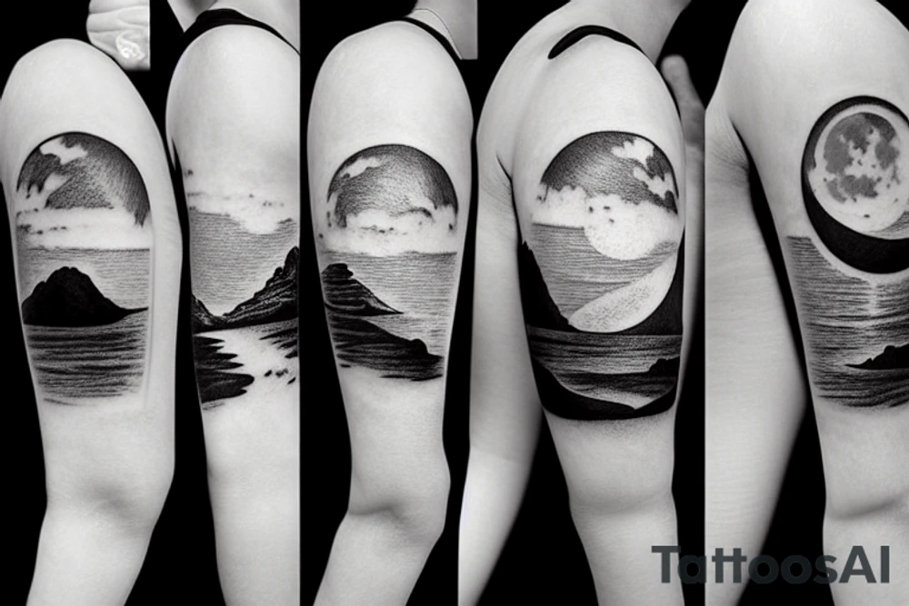 River flowing with a subtle reflection of the moon and clouds tattoo idea