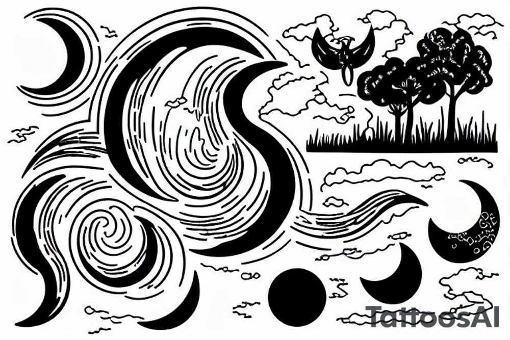 River flowing with a subtle reflection of the moon and clouds tattoo idea
