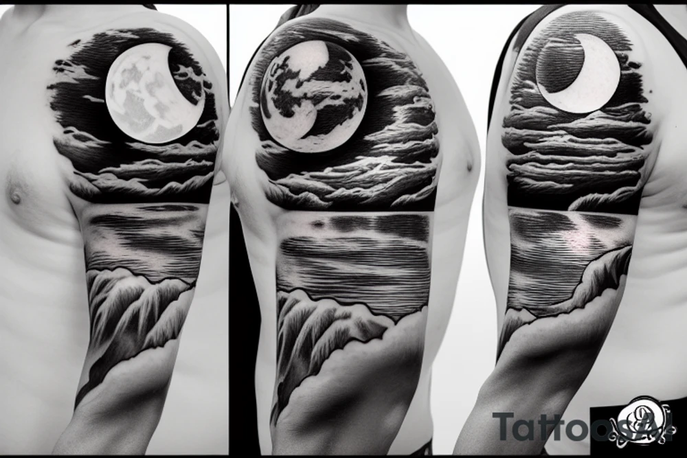 River flowing with a subtle reflection of the moon and clouds tattoo idea River flowing with a subtle reflection of the moon and clouds tattoo idea