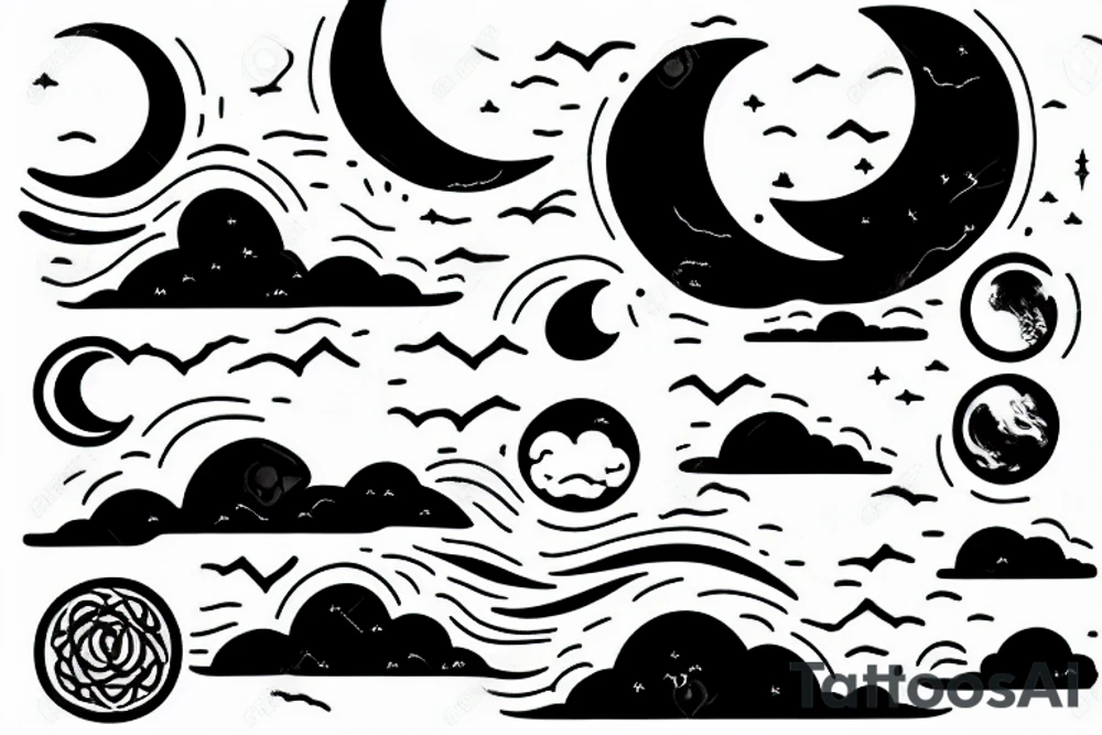 River flowing with a subtle reflection of the moon and clouds tattoo idea River flowing with a subtle reflection of the moon and clouds tattoo idea