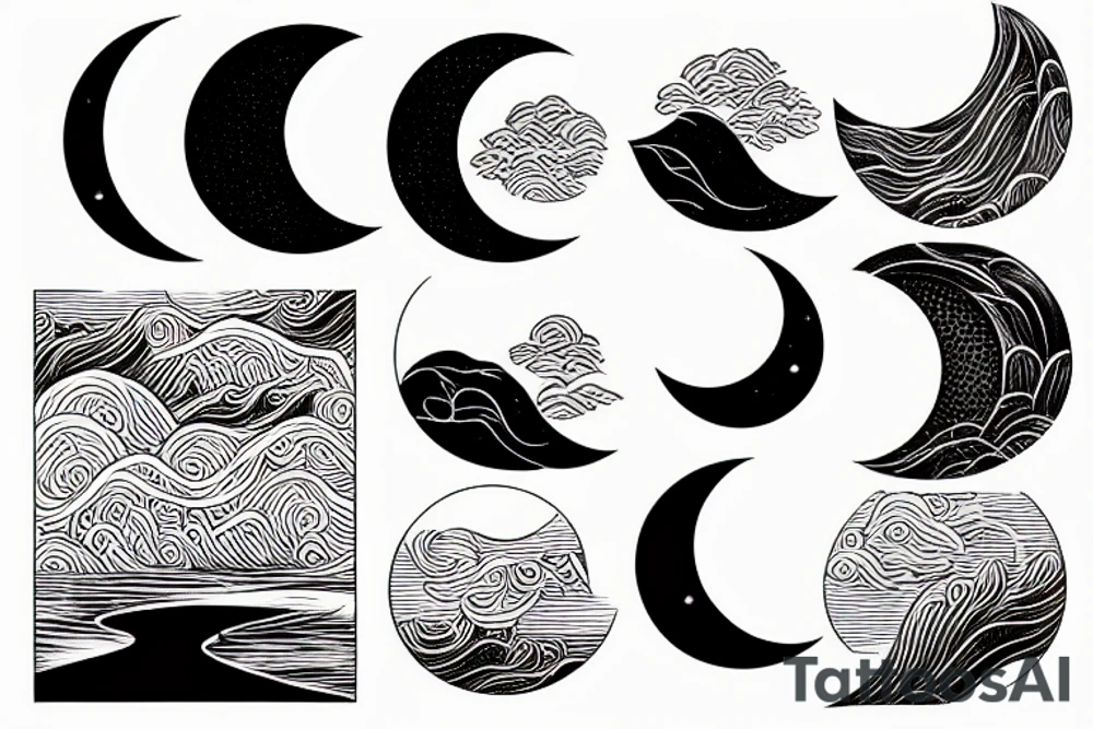 River flowing with a subtle reflection of the moon and clouds tattoo idea