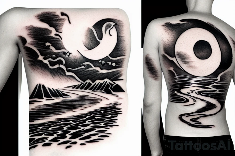 River flowing with a subtle reflection of the moon and clouds tattoo idea River flowing with a subtle reflection of the moon and clouds tattoo idea