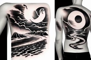River flowing with a subtle reflection of the moon and clouds tattoo idea