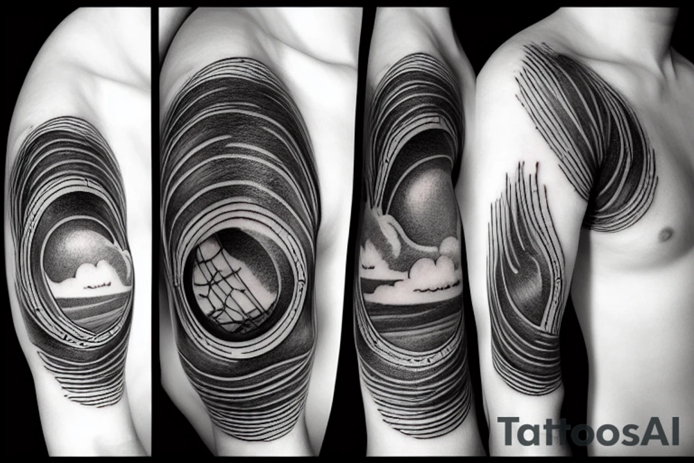 River flowing with the reflection of clouds and a small circle in the river tattoo idea