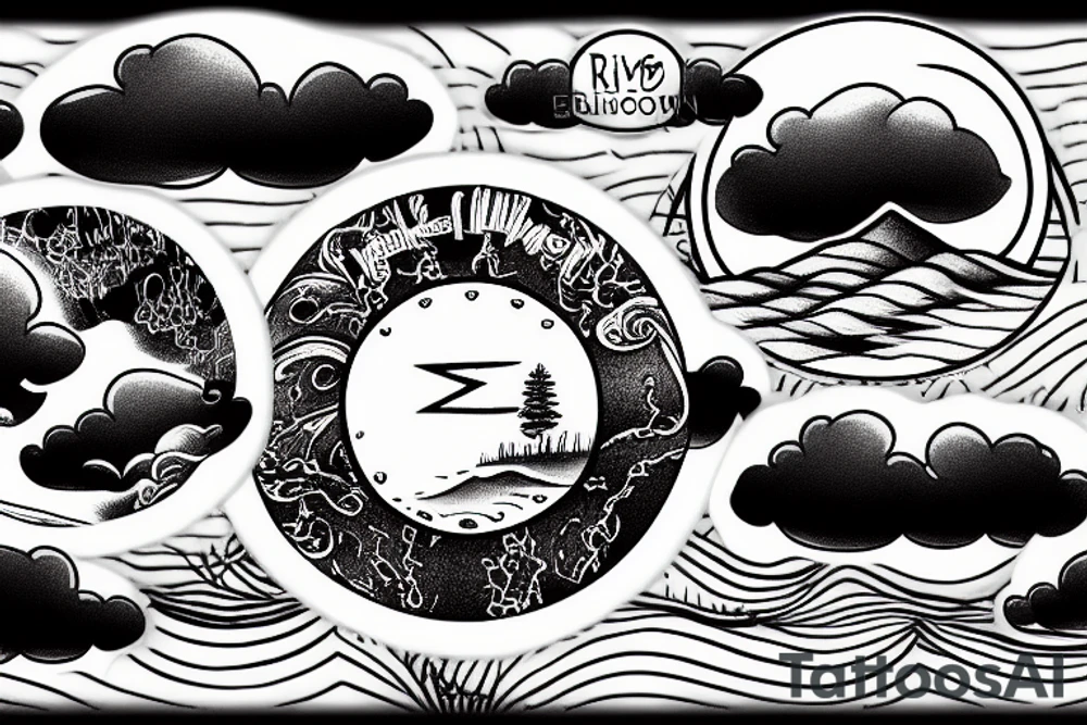 River flowing with the reflection of clouds and a small circle in the river tattoo idea
