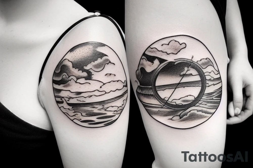 River flowing with the reflection of clouds and a small circle in the river tattoo idea