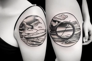 River flowing with the reflection of clouds and a small circle in the river tattoo idea