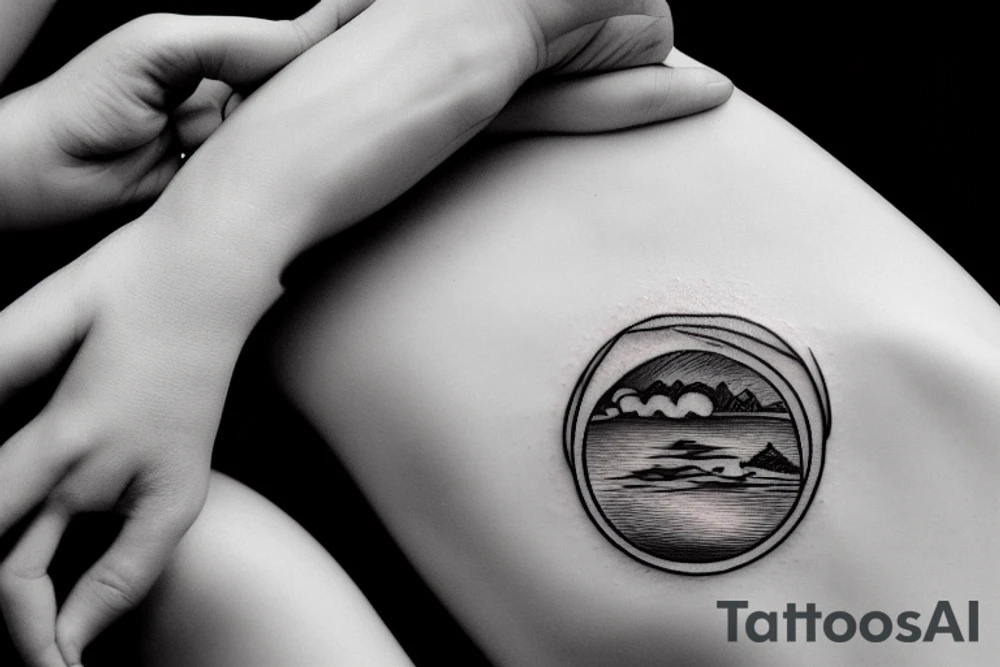 River flowing with the reflection of clouds and a small circle in the river tattoo idea