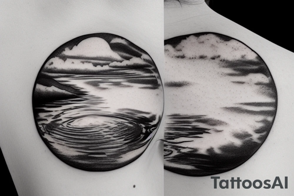 River flowing with the reflection of clouds and a small circle in the river tattoo idea