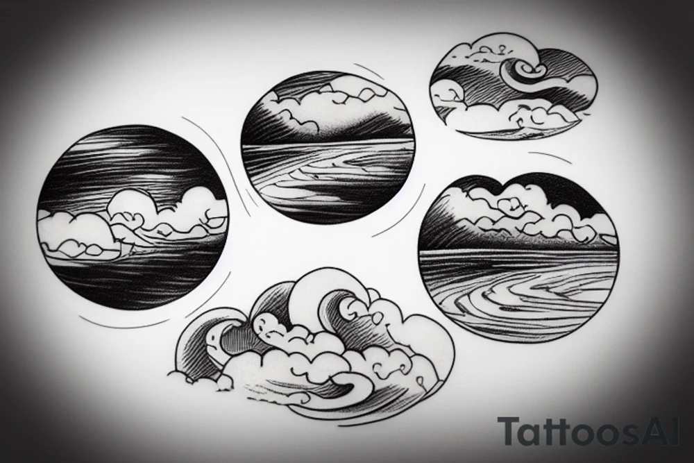 River flowing with the reflection of clouds and a small circle in the river tattoo idea