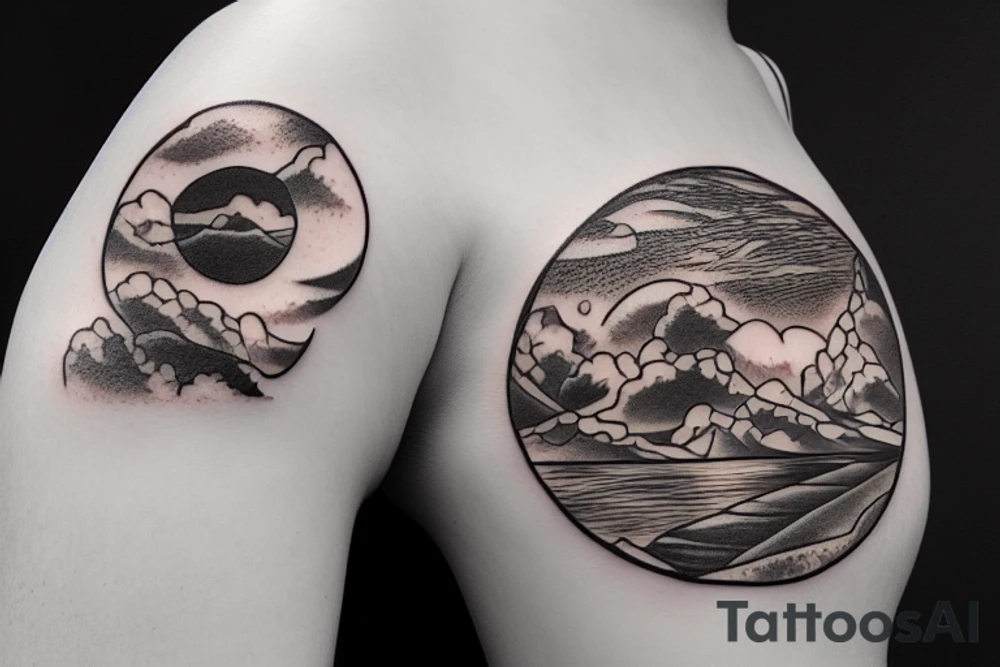 River flowing with the reflection of clouds and a small circle in the river tattoo idea