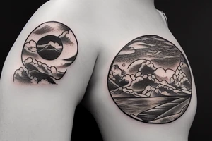 River flowing with the reflection of clouds and a small circle in the river tattoo idea