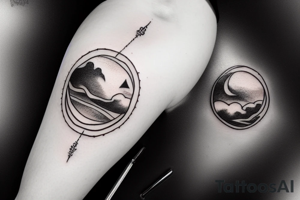 River flowing with the reflection of clouds and a small circle in the river tattoo idea