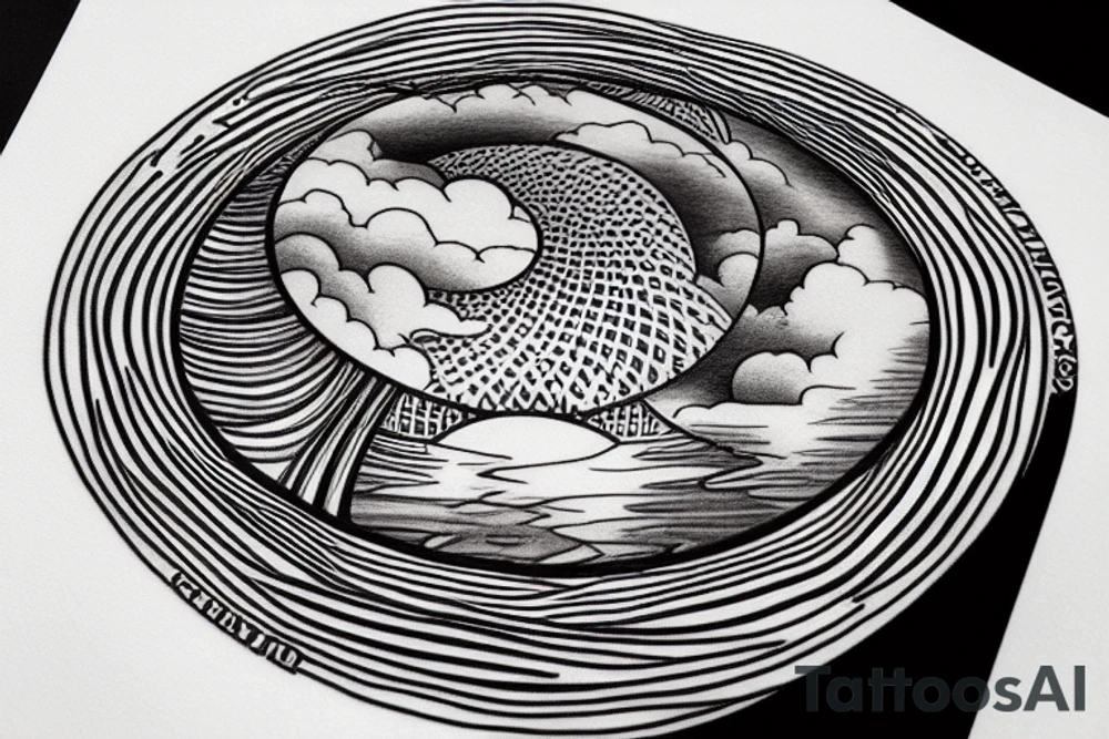 River flowing with the reflection of clouds and the same shape in a circle in the center tattoo idea