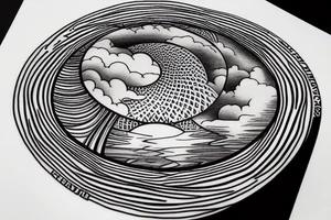 River flowing with the reflection of clouds and the same shape in a circle in the center tattoo idea