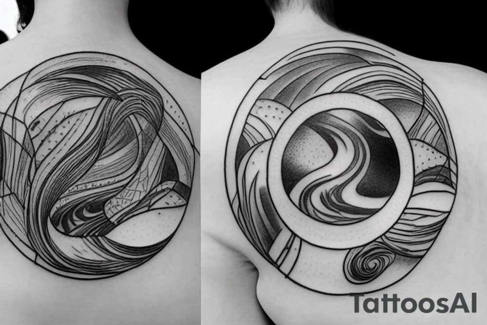 River flowing with the reflection of clouds and the same shape in a circle in the center tattoo idea