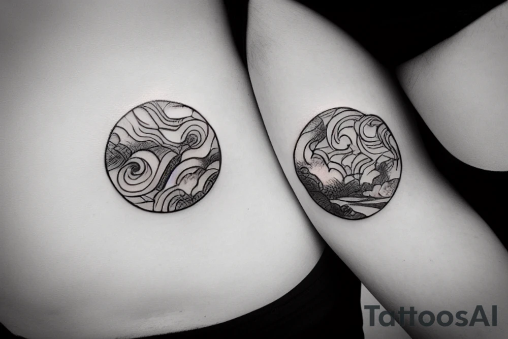 River flowing with the reflection of clouds and the same shape in a circle in the center tattoo idea