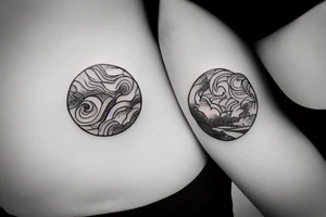 River flowing with the reflection of clouds and the same shape in a circle in the center tattoo idea