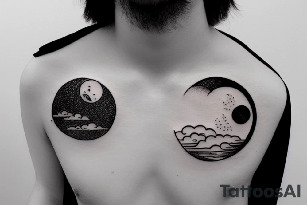 Large river flowing with clouds reflected and a white moon in the middle of a circle tattoo idea