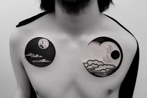 Large river flowing with clouds reflected and a white moon in the middle of a circle tattoo idea