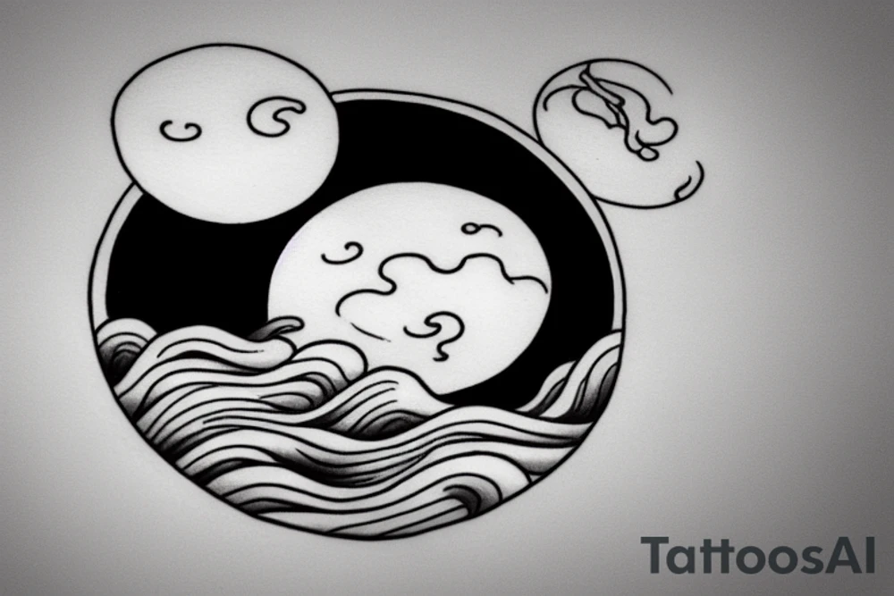 Large river flowing with clouds reflected and a white moon in the middle of a circle tattoo idea