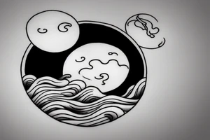 Large river flowing with clouds reflected and a white moon in the middle of a circle tattoo idea