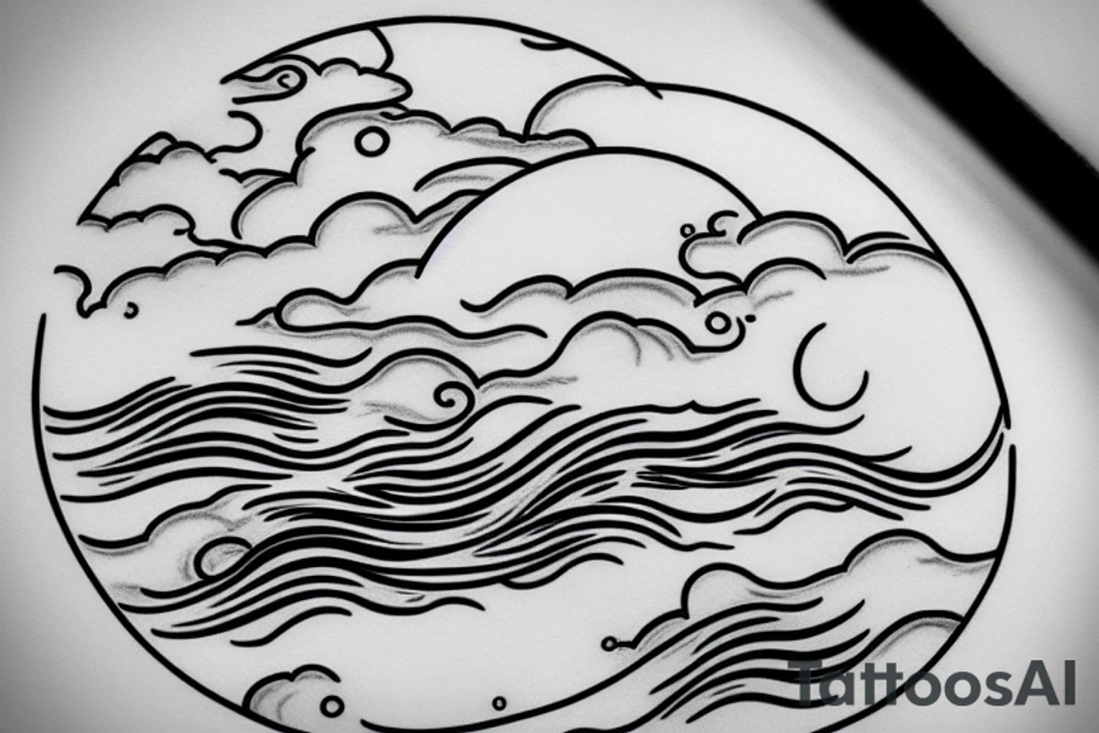 Large river flowing with clouds reflected and a white moon in the middle of a circle tattoo idea