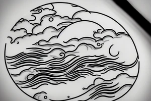 Large river flowing with clouds reflected and a white moon in the middle of a circle tattoo idea