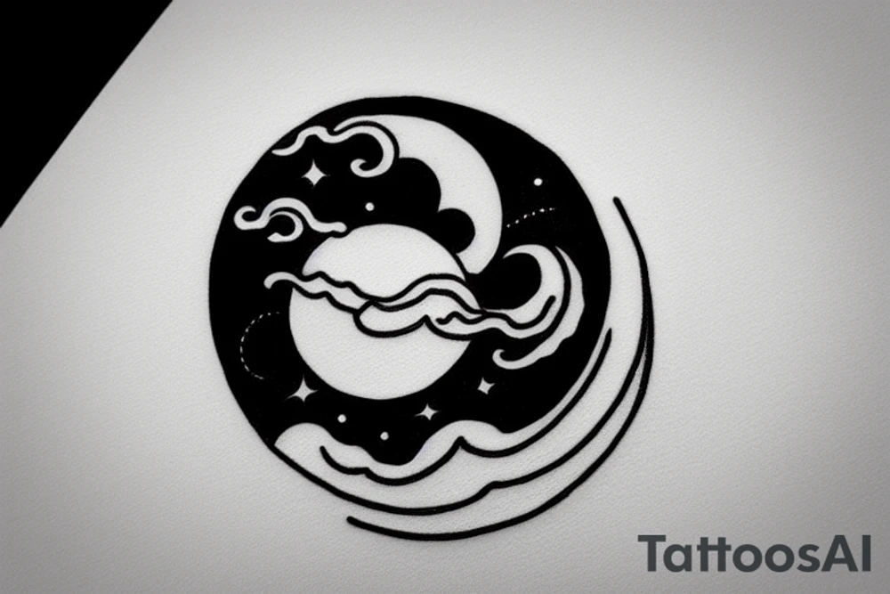 Large river flowing with clouds reflected and a white moon in the middle of a circle tattoo idea
