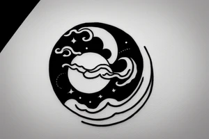 Large river flowing with clouds reflected and a white moon in the middle of a circle tattoo idea