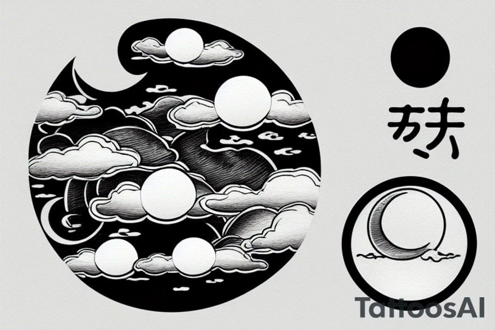 Large river flowing with clouds reflected and a white moon in the middle of a circle tattoo idea