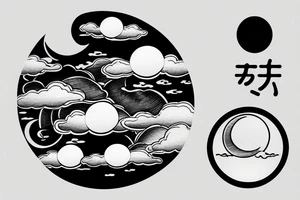 Large river flowing with clouds reflected and a white moon in the middle of a circle tattoo idea