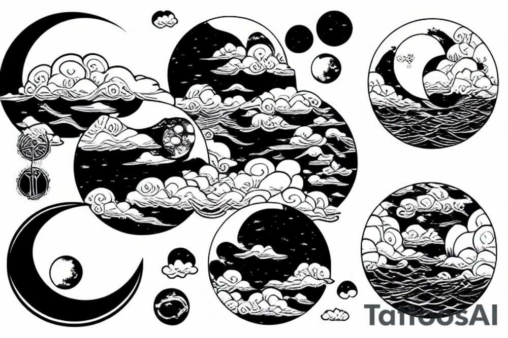 Large river flowing with clouds reflected and a white moon in the middle of a circle tattoo idea