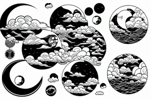 Large river flowing with clouds reflected and a white moon in the middle of a circle tattoo idea