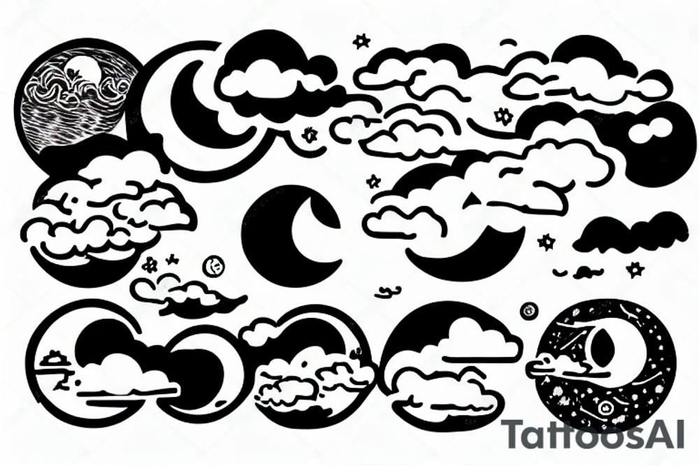 Large river flowing with clouds reflected and a white moon in the middle of a circle tattoo idea