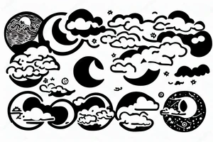 Large river flowing with clouds reflected and a white moon in the middle of a circle tattoo idea