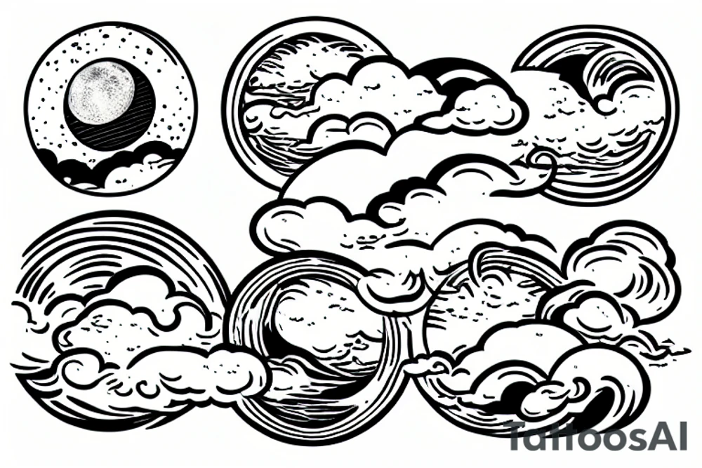 Large river flowing with clouds reflected and a white moon in the middle of a circle tattoo idea