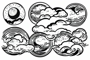 Large river flowing with clouds reflected and a white moon in the middle of a circle tattoo idea