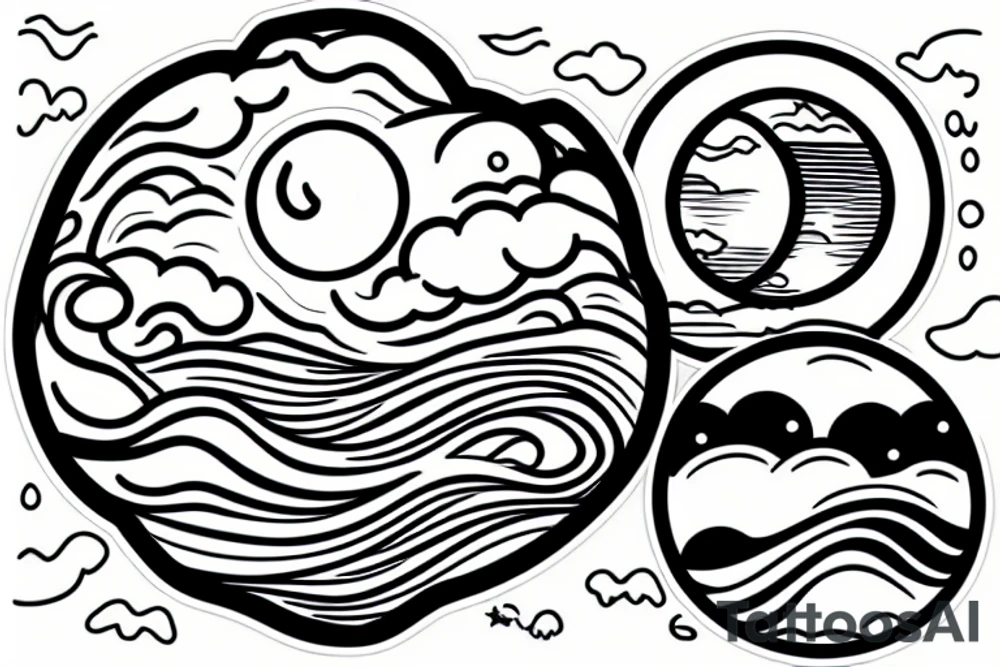 Large river flowing with clouds reflected and a white moon in the middle of a circle tattoo idea