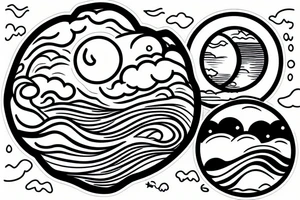 Large river flowing with clouds reflected and a white moon in the middle of a circle tattoo idea
