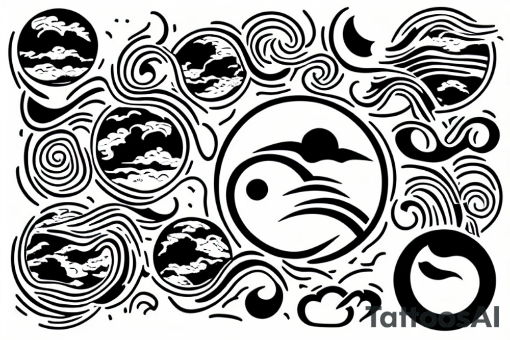Large river flowing with clouds reflected and a white moon in the middle of a circle tattoo idea