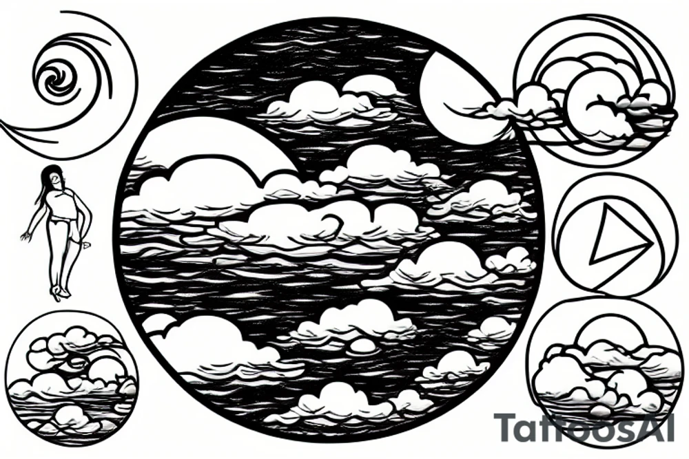 Large river flowing with clouds reflected and a white moon in the middle of a circle tattoo idea