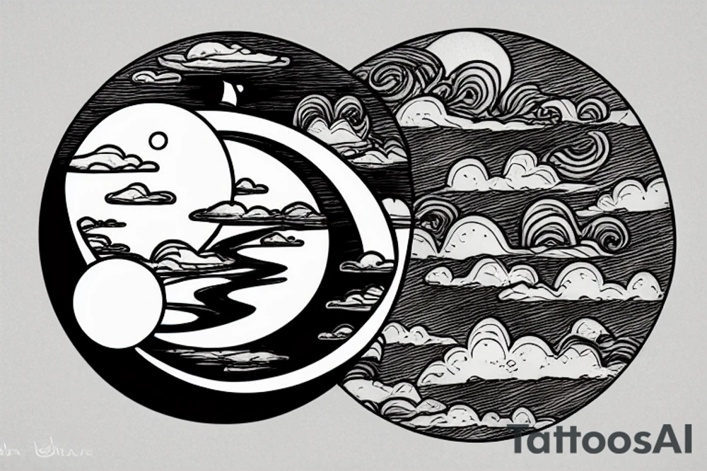 Large river flowing with clouds reflected and a white moon in the middle of a circle tattoo idea
