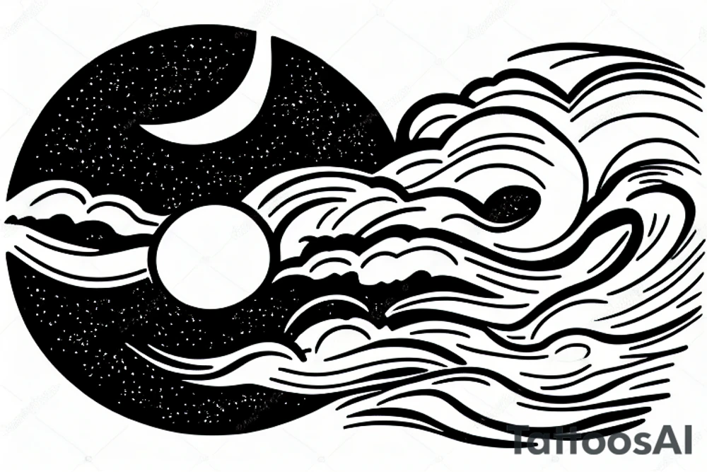 Large river flowing with clouds reflected and a white moon in the middle of a circle tattoo idea