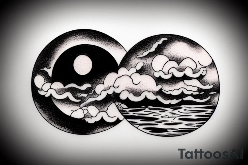 Large river flowing with clouds reflected and a white moon in the middle of a circle tattoo idea